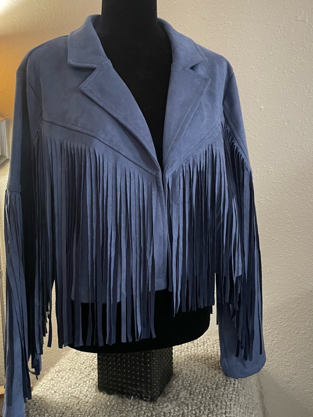 Blue Fringe Faux  Suede Jacket - Women